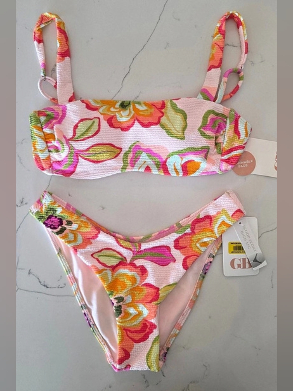 GB Floral Print Crinkle Retro Bikini Set Pink & Orange Women's Size X-Small NWT